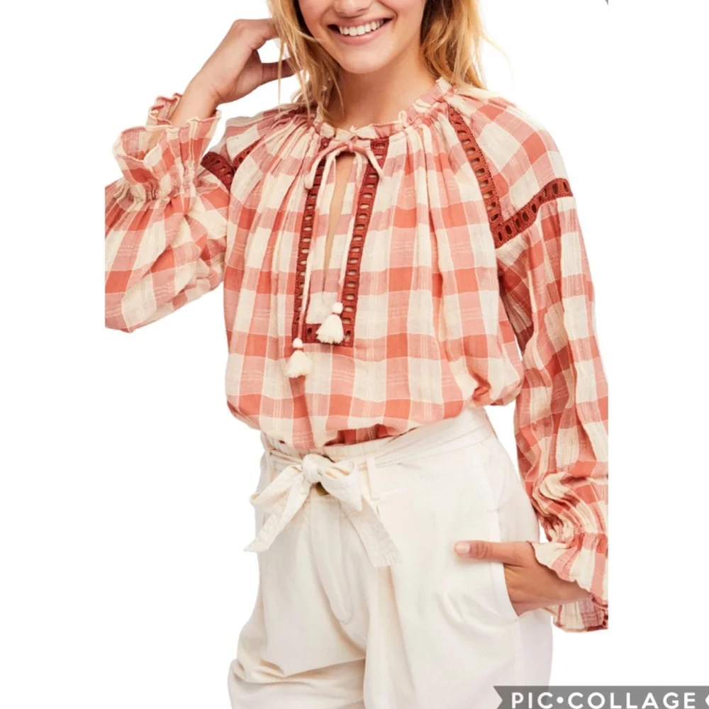NWT Free People Honey Grove Rust Plaid Blouse